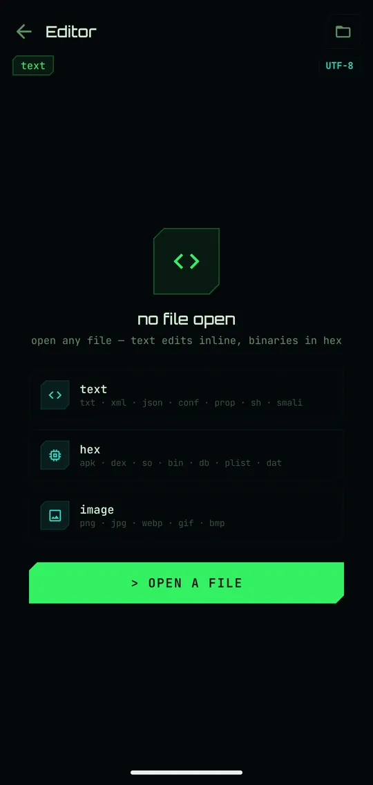 Hex editor showing offset, hex and ASCII columns side by side with an on-screen hex keypad.