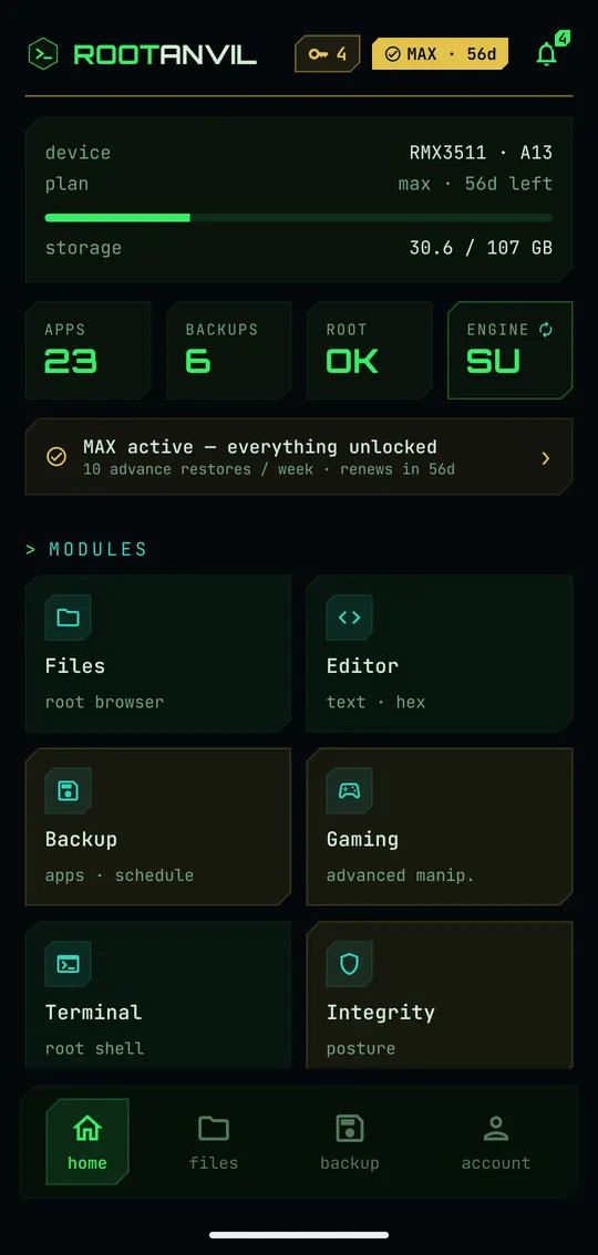 ROOTANVIL home screen: device and plan summary, counters for apps, backups, root status and shell engine, then the module grid.