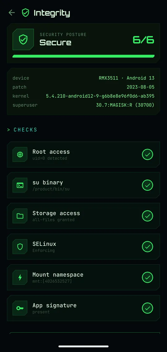 Integrity module reporting root access, namespace, app signature and Play Integrity posture.