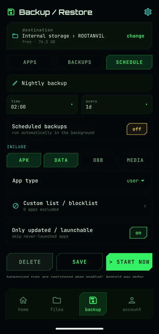 Schedule editor with a name field, time of day, interval in days and a custom app list.